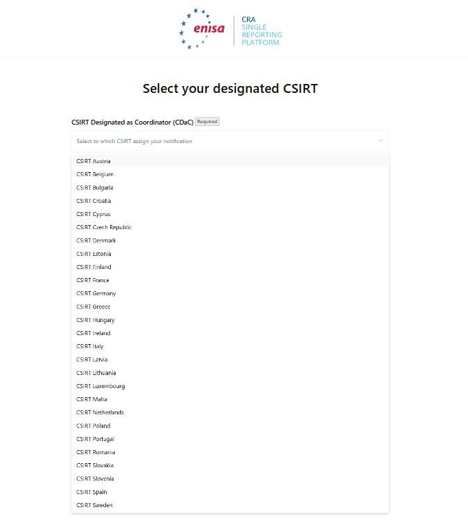 SRP ポータルの CSIRT 選択画面。CSIRT Designated as Coordinator (CDaC) のドロップダウンを開いた状態で、CSIRT Austria から CSIRT Sweden まで27か国が並ぶ