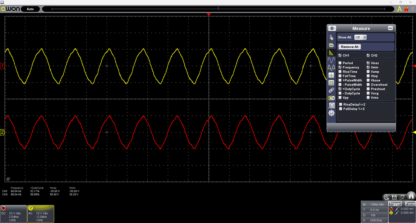 VDS-S2 の画面。CH1（黄）と CH2（赤）の 60Hz の波形と、右側に開いた Measure パネル