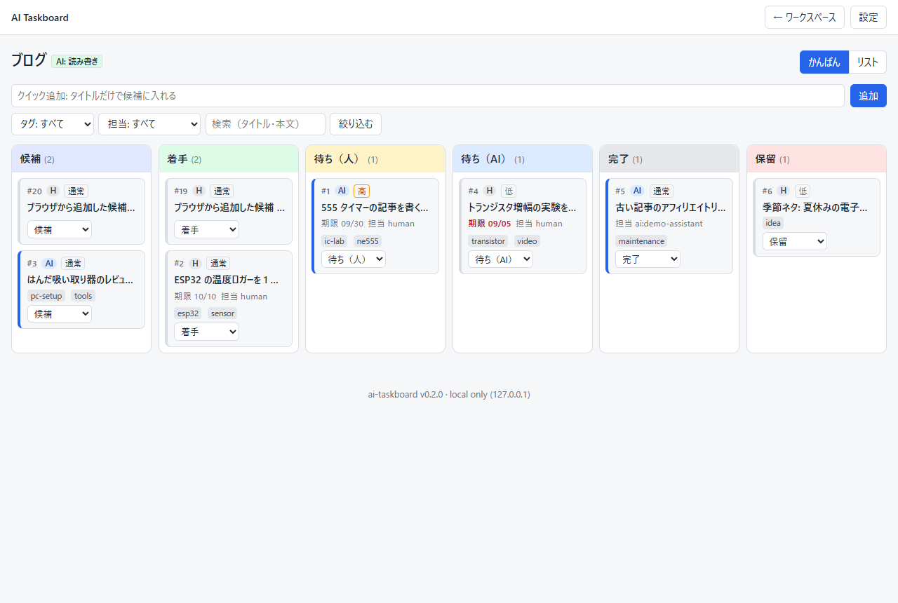 クイック追加の直後。候補列の件数が (2) に増え、新しいカード #20 が先頭に差し込まれている