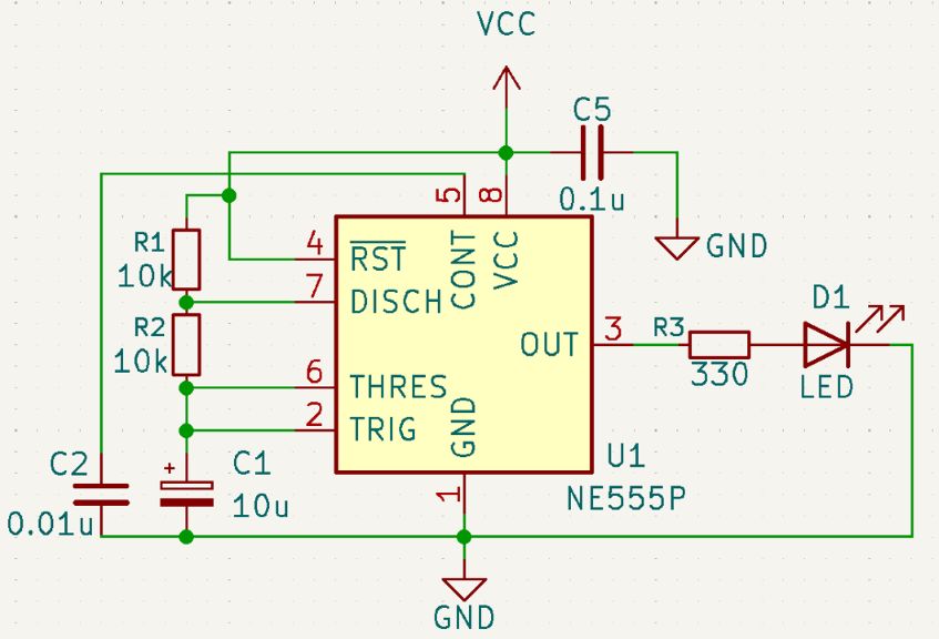 NE555Pを使った無安定マルチバイブレータの回路図。R1・R2・C1がタイミングを決め、OUT端子に330ΩとLEDがつながっている
