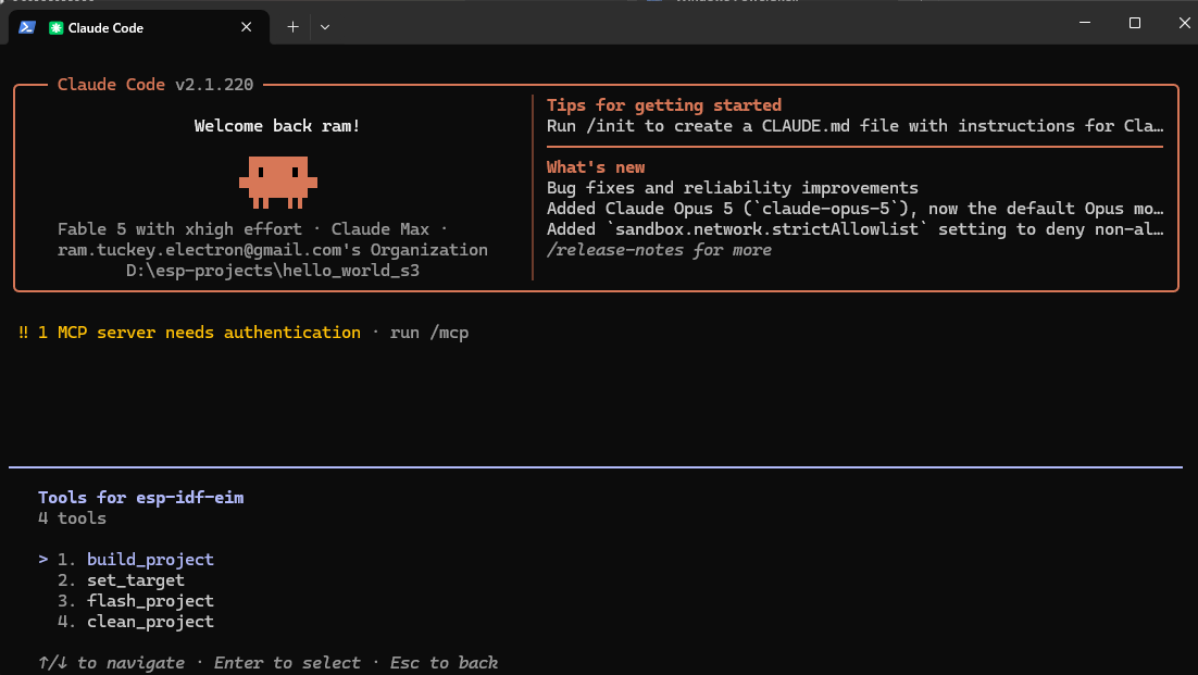 Claude Code に表示された esp-idf-eim の 4 つのツール（build_project・set_target・flash_project・clean_project）