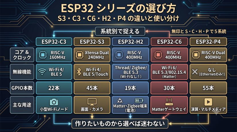 ESP32 シリーズの選び方｜S3・C3・C6・H2・P4 の違いと使い分け