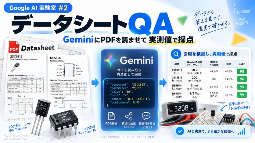 【Google AI 実験室 #2】データシート QA｜Gemini にデータシート PDF を読ませ、IC実験室の実測値で採点する（2SC1815・NE555N）
