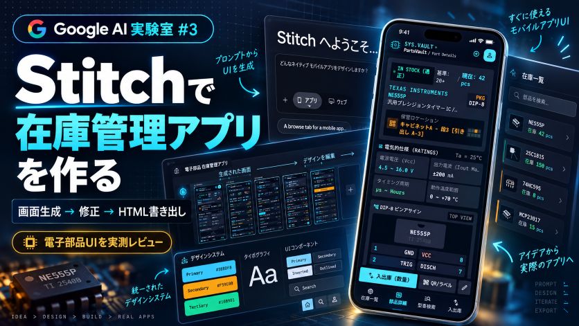 【Google AI 実験室 #3】Google Stitch で「電子部品の在庫管理アプリ」の画面を作り、HTML まで持ち出す｜モードは 2 つだけ・修正は世代追加・書き出しは 608px 前提