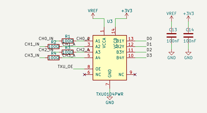 TXU0104の1ブロック分の回路図。CH0〜CH3の入力が100Ωを通ってA1〜A4へ、B1Y〜B4YからD0〜D3へ出る。VCCAはVREF、VCCBは+3V3