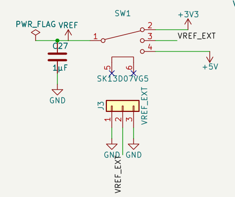 VREF切替スイッチSW1の回路図。コモンがピン1、ピン2が+3V3、ピン3がVREF_EXT、ピン4が+5V