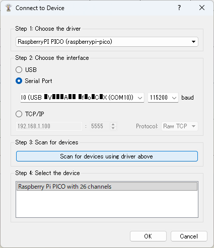 PulseViewのConnect to Deviceダイアログ。ドライバにRaspberryPI PICO、シリアルポートにCOMポートが選ばれ、Raspberry Pi PICO with 26 channelsが見つかっている
