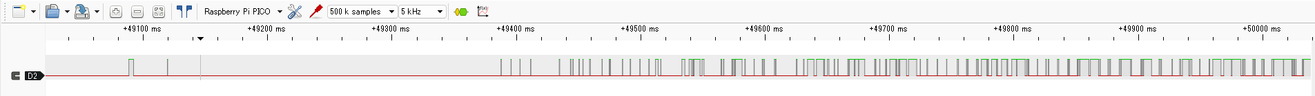 PulseViewの画面。D2のトレースが前半はLowで、後半に向かって細かいHighのパルスがだんだん増えていく