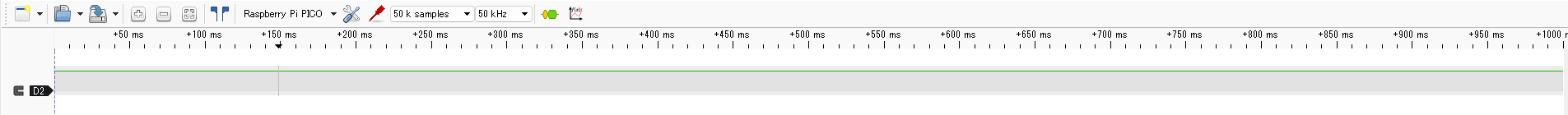 PulseViewの画面。D2のトレースが1秒間ずっとHighのまま