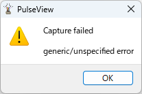PulseViewのエラーダイアログ。Capture failed、generic/unspecified error と表示されている