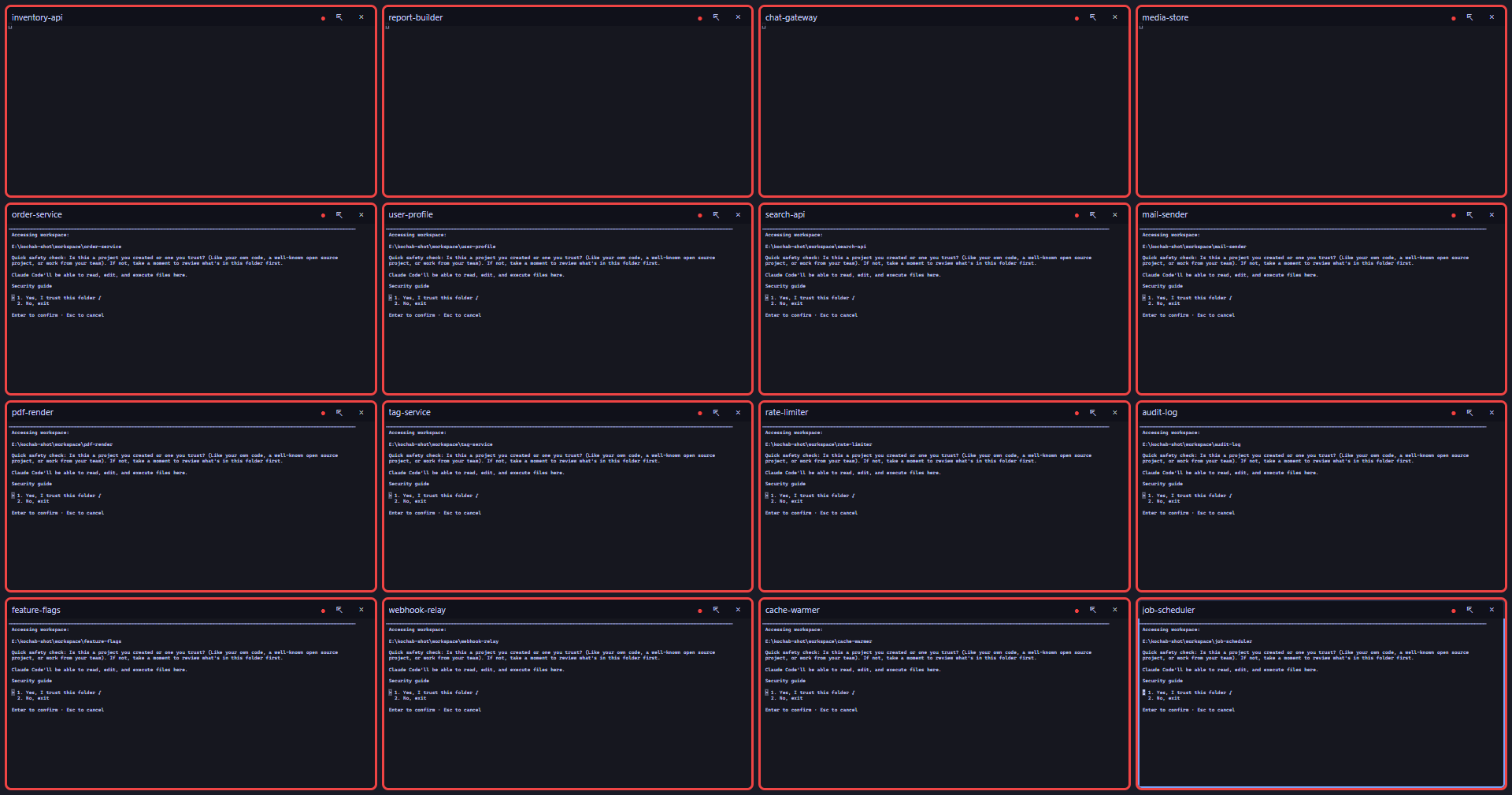 グリッド画面に12個のペインが並び、そのすべてに Claude Code の信頼確認が表示されている。各ペインには「Is this a project you created or one you trust?」と「1. Yes, I trust this folder / 2. No, exit」「Enter to confirm・Esc to cancel」が出ている。