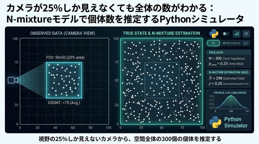 カメラが25%しか見えなくても全体の数がわかる：N-mixtureモデルで個体数を推定するPythonシミュレータ