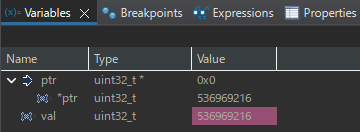 val が 42 ではなく 536969216（ゴミ値）になっている。get_value() のスタックフレームはすでに別のデータで上書きされた証拠