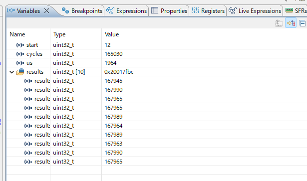 Variables ビューで cycles・us・results 配列を確認。HAL_Delay(1) が実際に何サイクル使っているかが数値で見える