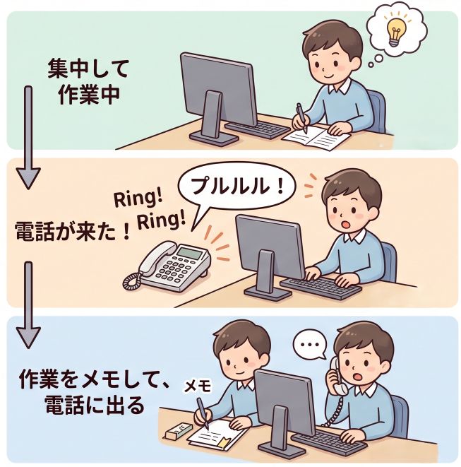 割り込みの比喩：電話が来たら作業をメモして出て、終わったら再開する