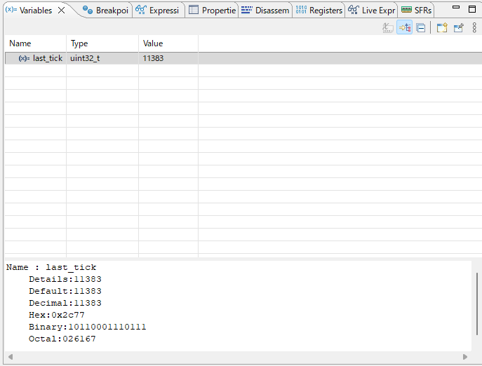 デバッガで g_tim2_tick の増加を確認。1msごとにインクリメントされ、1000回で1秒経過することが分かる